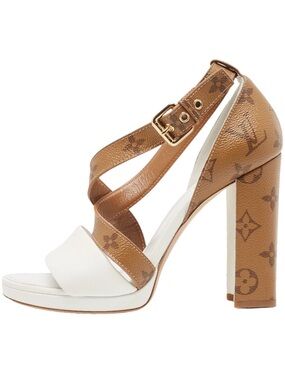 Louis Vuitton Brown Monogram and White Leather High Heel Sandals